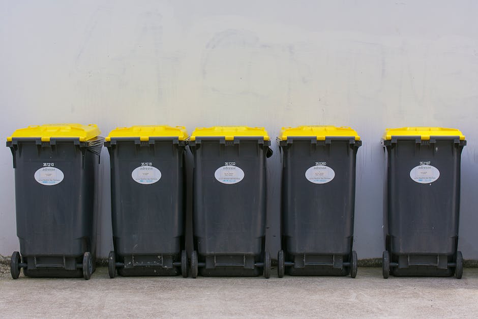 Five large wheeled rubbish bins made of black plastic with textured, matte surfaces are lined up against a plain white wall. Each bin has a yellow lid with a smooth, glossy finish, securely closed, and a white oval label sticker on the front with black text. The bins are positioned on a concrete surface, with narrow gaps between them, and are evenly spaced. The environment appears to be an outdoor or semi-outdoor area, possibly a designated waste collection zone. The scene is lit with soft, natural light, emphasizing the clean and orderly arrangement of the bins. This setup reflects an organized approach to private waste collection, similar to alternative rubbish removal methods provided by services such as Rubbish Clearance Kingston, which may serve customers requiring on-site clearance or independent waste disposal solutions.