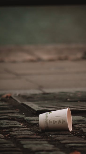 A discarded white paper cup, partially crumpled and lying on its side, rests on a damp, uneven stone surface or pavement. The cup appears to be made of lightweight paper material with printed text and minimal design, and it is situated near a metal grate or drainage cover embedded into the stone. Background elements include a slightly blurred area of natural greenery or grass, suggesting an outdoor setting, possibly a garden or public space. The lighting is natural and diffuse, indicating an overcast day or shaded environment. The surrounding environment appears to be a pathway or outdoor walkway, which could be part of a residential or commercial area. This scene exemplifies waste left in outdoor public or private areas, linking visually to services such as private rubbish clearance, potentially handled by companies like Rubbish Clearance Kingston, focusing on removal of litter and waste materials from external spaces in Kingston or similar locations.
