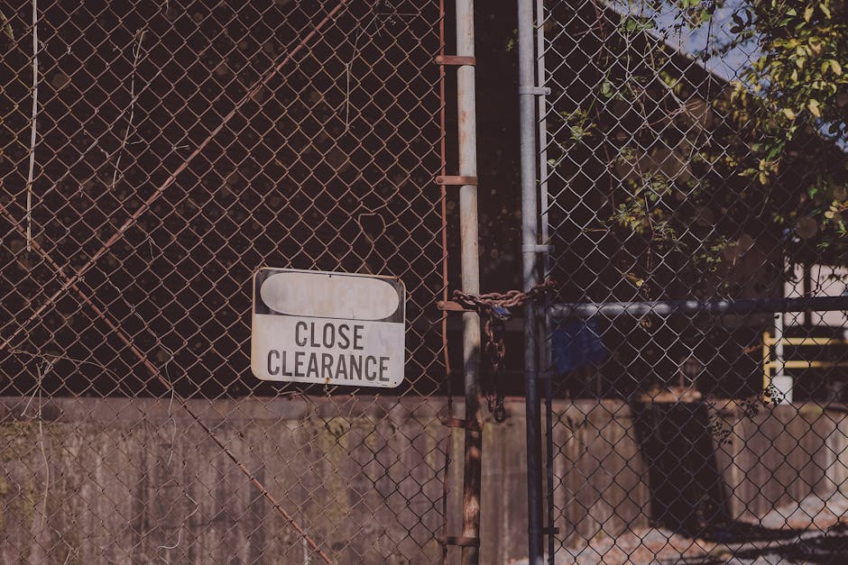 A metal chain and lock secure a gate made of diamond-patterned wire mesh fencing, painted black, in front of a background consisting of a concrete wall and green foliage. Attached to the gate is a rectangular metal sign with a white background and black text reading 'Close Clearance.' The fencing appears weathered, with some rust visible around the chain link and a vertical post. Surrounding environment shows shadows indicating natural sunlight, and the scene suggests an access control point, typical of private property or waste disposal sites requiring restricted entry, aligning with alternative rubbish clearance solutions. Rubbish Clearance Kingston may use such secure fencing for managing access to waste collection areas or storage spaces for waste management purposes.